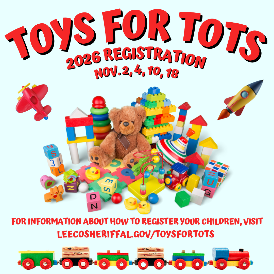 Toys for Tots 2026 registration flyer listing November 2, 4, 10, and 18