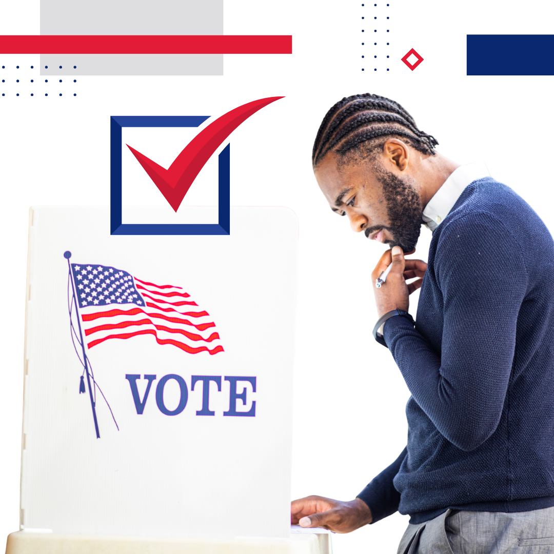 Voter at a polling booth marked VOTE with an American flag